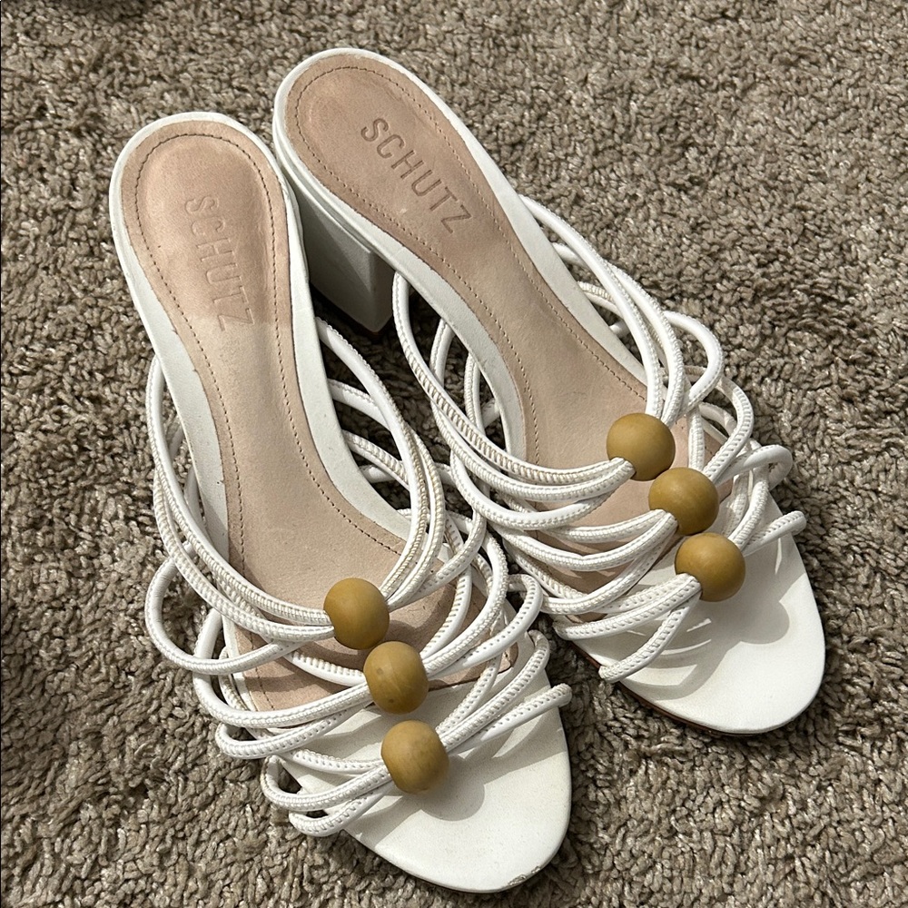 SCHUTZ White and Tan Beaded Mules